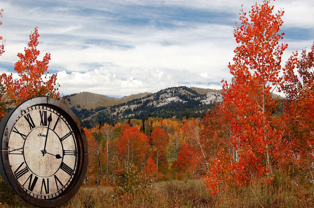 Colorado Fall Foliage and Mountain View with Steampunk Clock
